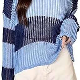 Women's Knitted Transparent Hollow Out Loose Round Neck Long-Sleeve Color Block Stripe Pullover Top T-Shirt Dn11 (ONE Size FIT S-M-L)-image-26
