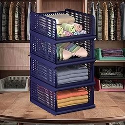 Kuber Industries Large 4 Pcs Storage Organizer | Foldable Shirt Stacker Box | Cloth Box for Almirah | Cupboard Organizer | Wardrobe Organizer For Clothes | Closet Storage Basket| Blue-picture-0