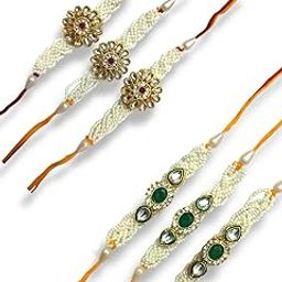 Designer Rakhi Set, Pearl and Kundan Traditional Rakhis with Gold-Plated Accents, Pack of 6-8