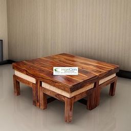 Hariom Handicraft KendalWood Furniture Sheesham Wood Coffee Table for Living Room, Center Table with 4 Stools (Provincial Teak Finish with Cream Cushions)-image-122