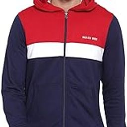 Men's Full Sleeves Zipper Fleece Striped Hoodie(Navy::White::Red)-image-4