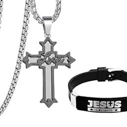 Religious Lord Jesus Christ Love Cross Silicone Stainless Steel Pendant With Bracelet Combo Inspirational Christian Jewelry Meaningful Gift for Boys-image-95