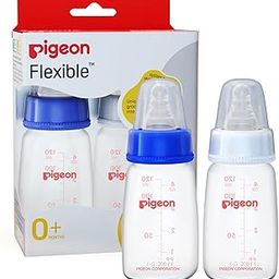 Pigeon Flexible Nursing Baby Feeding Bottle for New Born | Japan's No.1 Brand | Ideal for 0 Months+ Babies | BPA Free | Anti-Colic Nipple | Transparent | Blue and White Colour | 120ml | Pack of 2-0