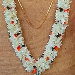 Garland for Photos, Premium & Elegant (Small Size -14 Inch Each Side), Jasmine Flower (White & Orange) for Photos, Decorative Artificial Flower Garland-image-5