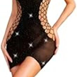 Women's Sexy Black Fishnet Halter Mini Dress | Sparkling See-Through Bodycon Lingerie for Nightwear & Clubwear, Sexy Halter Fishnet Lingerie Dress-image-11