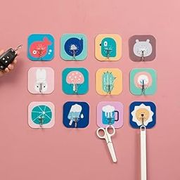 Gadgix 10 Pcs Fancy Self Adhesive Plastic Wall Hooks Sticker Heavy Duty Hooks for Hanging 3KG (Max) Keys Coats Hats Bags Ceiling Kitchen Accessories(Random Design & Color) 7.5x8.5 cm-99