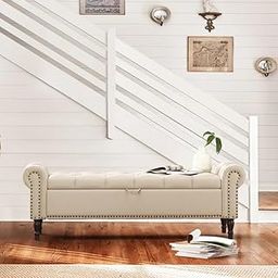 LEGACY OF COMFORT Dawsey Upholstered Storage Bench 2 Seater Sofa Upholstered Ottoman Bench with Storage for Living Room Bedroom Entryway (Beige)-image-28