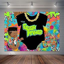 Joliaco The Fresh Prince Baby Shower Backdrop Hip Pop Graffiti Gold Chain Radio Backdrop Throw for 80s 90s Boys Baby Shower Party Cake Table Decoration Photo Props-image-52