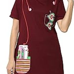 Cotton Night Dress for Women, Burgundy with Printed Design, Short Sleeves, Mini Length-image-2