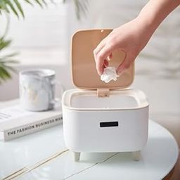 RELEMTRA Small Countertop Tabletop Dustbin Luxury Desktop Trash Can Mini Rubbish Bin Table Storage Bucket with Wood Grain Legs for Home, Office Table, Hotel, White - Square-21