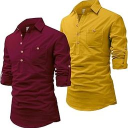Men Cotton Full Sleeve Casual Spread Collor Slim Fit Short Kurta for Men and Boys (Pack of 2)-image-90