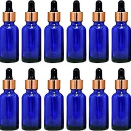 30 ML Blue Round Empty Glass Bottle + Glass Dropper + Gold Ring + Silicone Black Teat, Refillable, Reusable, Leak Proof For Essential Oils, Perfumes (Pack Of 12)-image-22