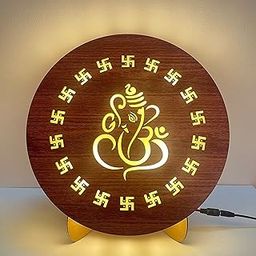BAPUBEBE OM | Swastik | Ganesh | Ganpati | Khanda | Wall Hanging LED Light Table Lamp for Home | Main Door | Hall | Mandir | Bedrooms Golden Oak Size 29 * 29 cm Piece of 1 (Ganesh Design 1)-picture-25