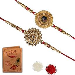 Kundan Rakhi Combo & Gold Plated Rakhi for Brother, Roli Chawal & Greeting Card | Rakhi for Bhaiya | Rakhi for Bro| Kundan Rakhi | Rakhi Combo-Set of 2-picture-1