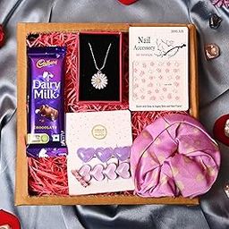 Rakhi gift hamper for sister/rakhi gift for sister/rakhi gift for girls/rakhi gift-Cadbury Dairy Milk chocolate+Pendent with chain+hair pins+scrunchy+scrunchy+nail accessory+Card-image-74