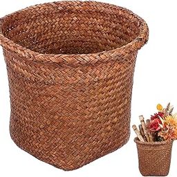 1Pc Straw Woven Wastebasket Retro Garbage Can Straw Rubbish Container Wicker Waste Basket（Small）-5