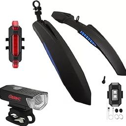 ABC Bicycle Front & Rear Mudguard with Reflective Tape and Iron Fitting + Cycle Waterproof Rechargeable Front Rear and Helmet Light (Blue)-image-57