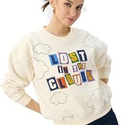 Lost in The Clouds Women and Girls Long Sleeves Round Neck Off White Graphic Printed Cotton Blend Oversized Sweatshirts-image-11