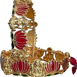 Traditional Gold-Plated Bangles with Lotus and Lakshmi Design, Pink and Green Enamel Work, Set of 2 | Latest Stylish Traditional Kada Bangles | Just Like Real Gold Jewellery-image-31