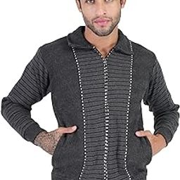 Men's Thick Wool Striped Pattern Collared Neck Full Sleeve Zipper Sweater with Side Pockets Jacket for Winter-picture-0