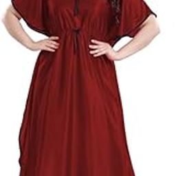 NISHABD Creations Women's Satin Kaftan Nighty | Soft Plain Kaftan Dress with Waist Tie | Stylish Nightgown/Nightwear/Lounge Wear Gown for Daily and Night Use (Maroon)-image-93