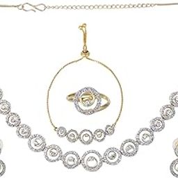 Gehena Fashion Jewelry Combo of Choker Necklace Set with Earrings, Bracelet & Ring for Women: Gold & Rhodium Plated Stylish & Elegant American Diamond Combo of Jewelry Set for Girls & Women-image-35