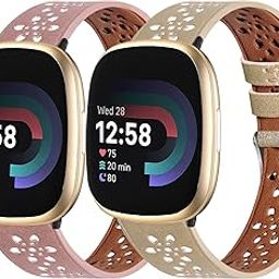 Dailatu Leather Bands Compatible with Fit bit Versa 4 Bands & Versa 3 Bands & Sense 2 Wristbands, Breathable Floral Hollow-Out Lace Sense Leather Strap for Women/Men-image-52