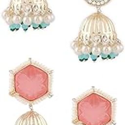 Set Of 2 Turquoise Blue & Peach Austrian Diamonds Stones & Beads Traditional Jhumki Earring For Women-ZPFK16848-image-83