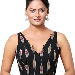 Women's Cotton Ikat Print Padded Sleeveless Readymade Saree Blouse with a 'V' Neck Type-picture-24
