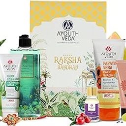 AYOUTHVEDA Raksha Bandhan Skincare Gift Set, 5 Natural Products with Face Cream 60g, Bio marine Shower Gel 250ml, Papaya vera Face Wash 100g, Sun Turn SPF 40 Sunscreen 60g, Free with Rakhi & Essential oil 15ml-22