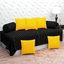 YUKU Printed Microfibre DIWAN Set 8 Pcs, 1 Single Bedsheet with 5 Cushion Covers & 2 Bolster Covers (Black & Yellow)-image-19