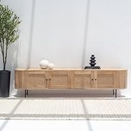 Modern Wooden TV Stand with Cane Webbing – 4-Door Media Console, Natural Oak Finish, Metal Legs, Boho Entertainment Cabinet for Living Room-image-28