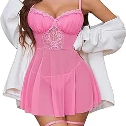 klovvy Lace Babydoll Lingerie Nightwear Dress with Mesh Detail, Black-picture-25