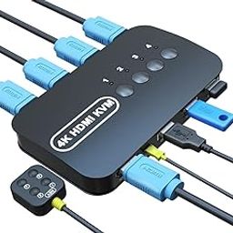4K HDMI KVM Switch, 4 Port HDMI USB Switch for 4 Computer Share a 4K@30Hz Monitor and 3 USB Device Keyboard Mouse Printer, Including 4 KVM Cables (UB-4-PORT KVM).-50