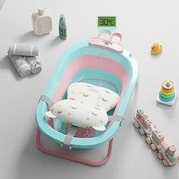 Lifelong Cuppy Baby Bath Tub for 0-3 Years, Newborn Baby Essentials, Foldable Kid-Friendly - Mini Swimming Pool Tub, Padded Cushion & Thermometer, Portable Bathtub for Bathroom Use, Dual Tone Colour-image-13