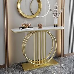 FURNIFOX Console Accent Table Antique Finish Console Sofa Table Interiors Modern Nordic Slate Porch Table Living Room & Corridor Hallway (Golden White)-30