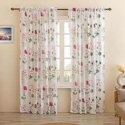 HOMEMONDE sheer Faux Linen Curtains with Rod Pocket Top Drapes for Living Room, Set of 2 (Pink Floral, Door - 7 Feet)-image-50