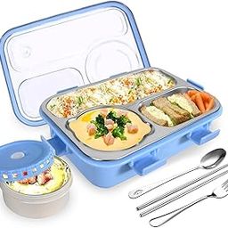 TEC TAVAKKAL Lunch Box 3 Compartment Leak-Proof BPA Free Stainless Steel, Lunch Box for Kids, Lunch Box for School & Office with a Fork, a Spoon and a Pair of Chopsticks (Blue), 750 ml-27