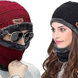 Buttons & Bows Knitted Winter Cap & Neck Scarf with fleece, Unisex Beanie Cap with Neck Warmer for Men & Women, warm neck and cap set (Black-Red, 2)-image-50