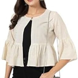 Women Solid Texture Ivory Peplum Fit Open Front Waist Length Shrug-8