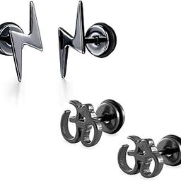 Trendy Combo of 2 Pairs Stainless Steel Black Spark Star Om Stud Earrings Men and Boys-3