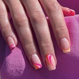 Secret Lives Glossy Reusable Artificial Fake False Lightweight & Long Lasting Press on Nails Pink Orange Strips Combo 24 PCS Set with Kit-32