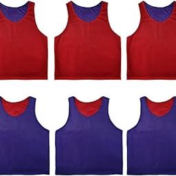 RE-HUO 6 PCS Reversible Pinnies Basketball Soccer Training Vest Double Sided Mesh Jerseys for Adult (XL, red/Navy)-image-45