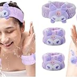 Kuromi Spa Headband for Skincare Facial Band for Women Cute Wrist Band Face Wash Elastic Plush Headband Wristband Combo 6PCS Makeup Face Washing-image-1