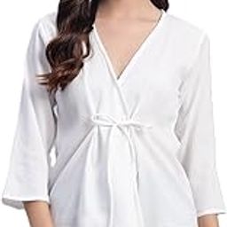 Women's V-Neck Wrap Top with Front Knot, 3/4 Sleeve, Purple-image-81