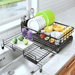 BYKOINE 2-Tier Expandable Dish Drying Rack for Kitchen Counter | Rustproof Steel Drainer with Auto-Drain Tray, Cutlery Holder, Over-The-Sink Adjustable Organizer (Black)-image-89