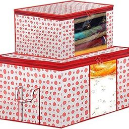Homestic Dot Printed Multiuses Non-Woven Saree Cover & Underbed Storage Bag/Organizer Set With Tranasparent Window, Set of 2 (Pink)-46KM0609-2