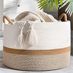 KAKAMAY Large Blanket Basket (20"x13"),Woven Baskets for storage Baby Laundry Hamper, Cotton Rope Blanket Basket for Living Room , Laundry, Nursery, Pillows, Baby Toy chest (White/Brown)-picture-22