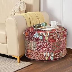 iinfinize Round Cotton Patchwork Traditional Pouf Covers Ottomans Footstool Home Living Room Pouff Decorative 16 Inch Handmade Sofa Corner Pouf-image-78