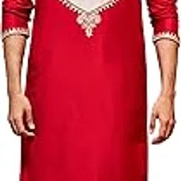 vastramay Men's Red Viscose Kurta And Dhoti Set | Silk Blend Secuenced Patchwork Kurta And Dhoti Set For Men.-picture-18